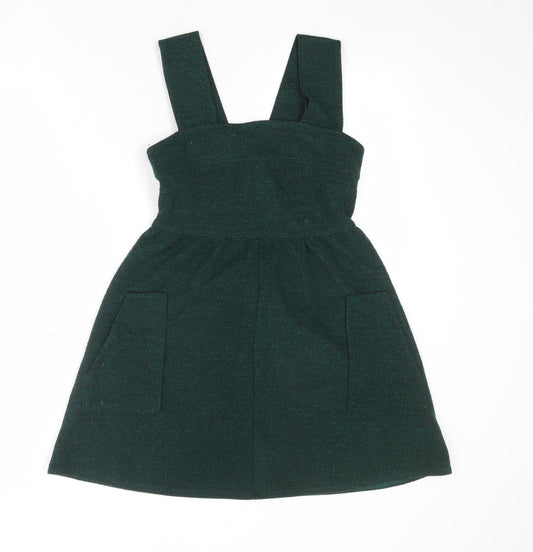 Topshop Womens Green Cotton Pinafore/Dungaree Dress Size 8 Square Neck Zip