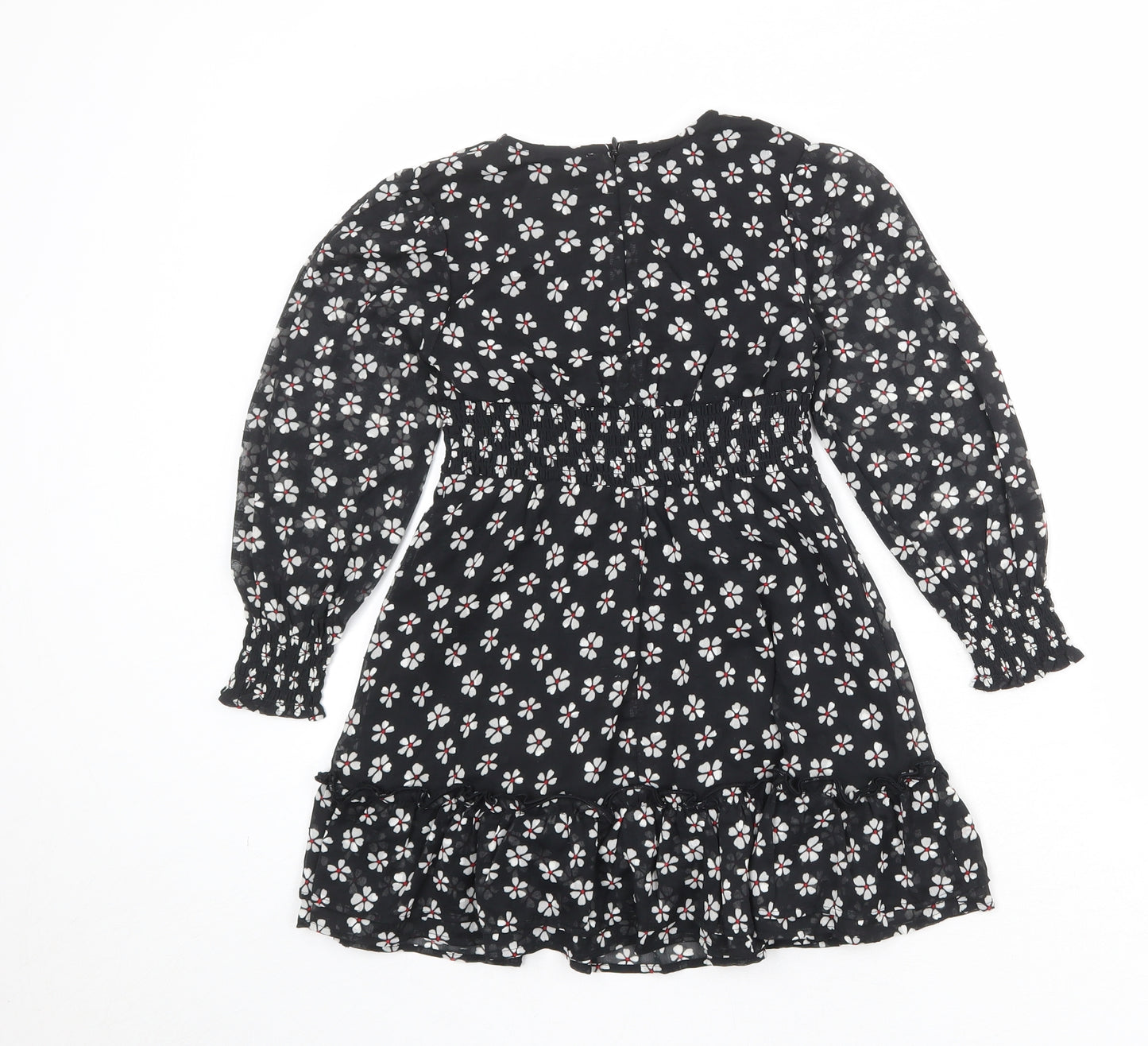 Marks and Spencer Girls Black Floral Polyester A-Line Size 6-7 Years V-Neck Zip