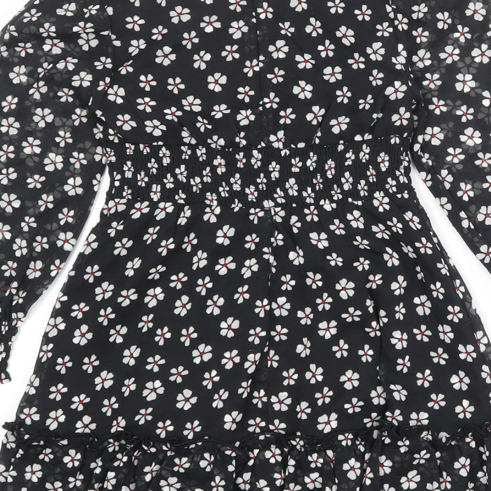 Marks and Spencer Girls Black Floral Polyester A-Line Size 6-7 Years V-Neck Zip
