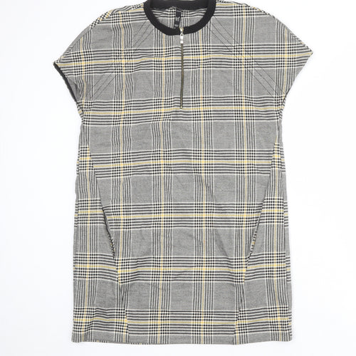 Zara Womens Multicoloured Plaid Polyester A-Line Size S Round Neck Zip