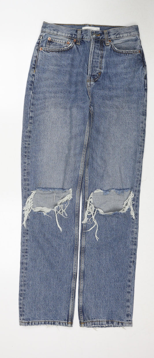 Topshop Womens Blue Cotton Straight Jeans Size 25 in L32 in Regular Zip - Open Knee