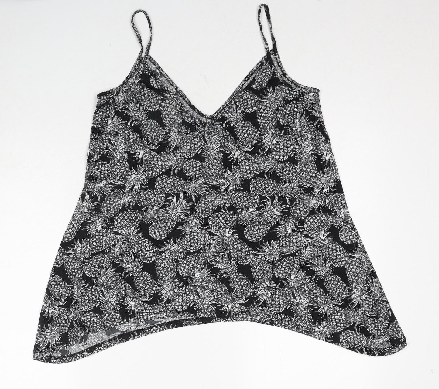 H&M Womens Black Geometric Polyester Basic T-Shirt Size S V-Neck - Pineapple