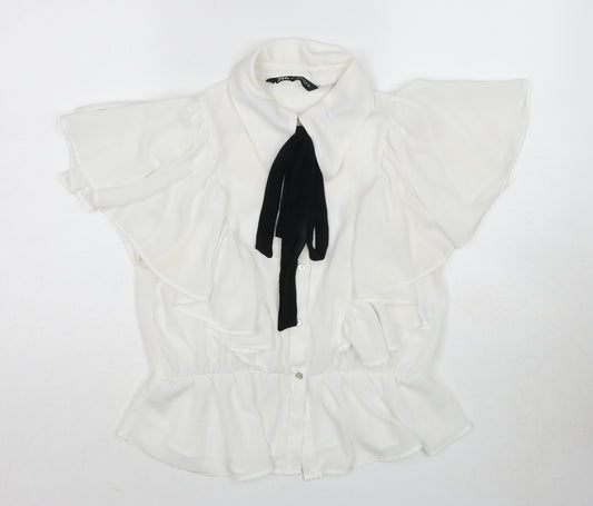 Zara Womens White Polyester Basic Button-Up Size L Collared