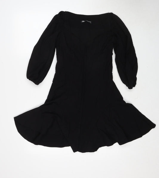 Zara Womens Black Cotton A-Line Size S V-Neck Zip