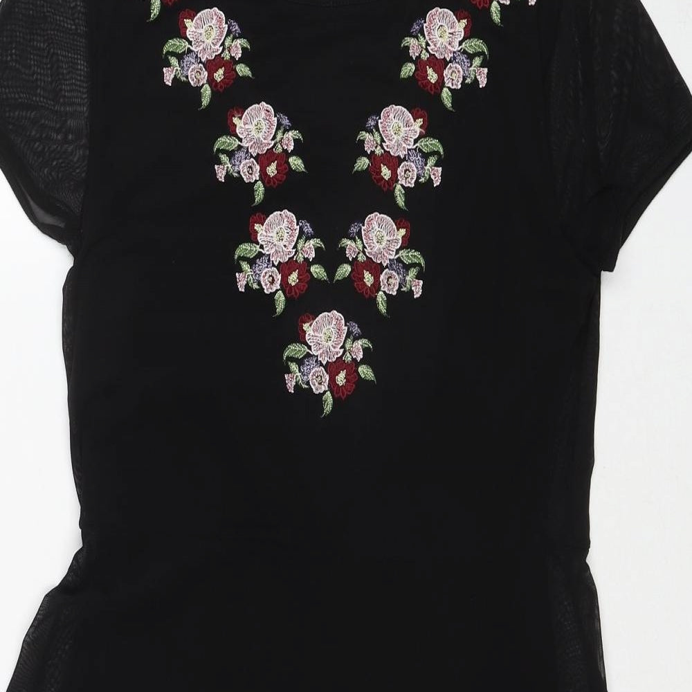 New Look Womens Black Polyester A-Line Size 14 Round Neck Zip - Flower Detail