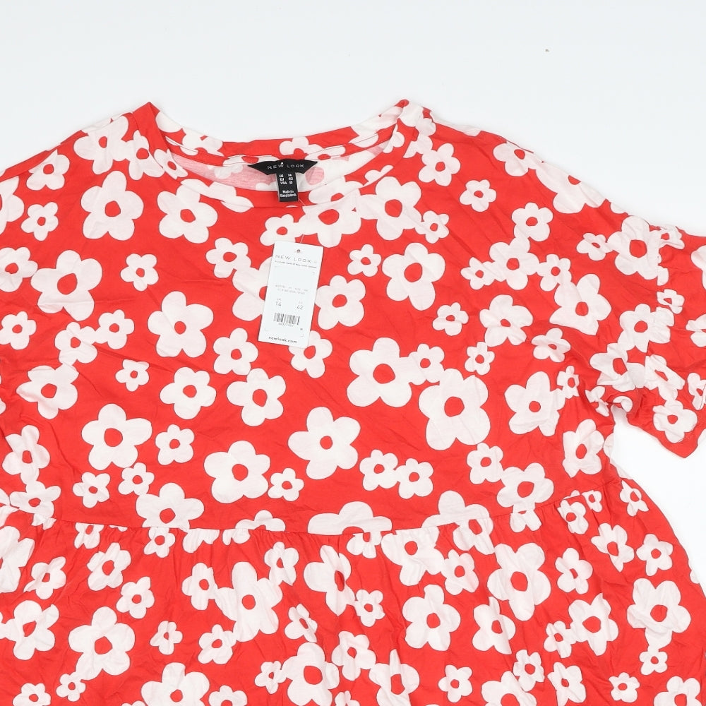 New Look Womens Red Floral Cotton A-Line Size 14 Round Neck Pullover