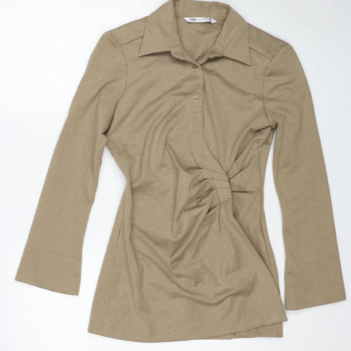 Zara Womens Brown Polyester Shirt Dress Size M Collared Zip