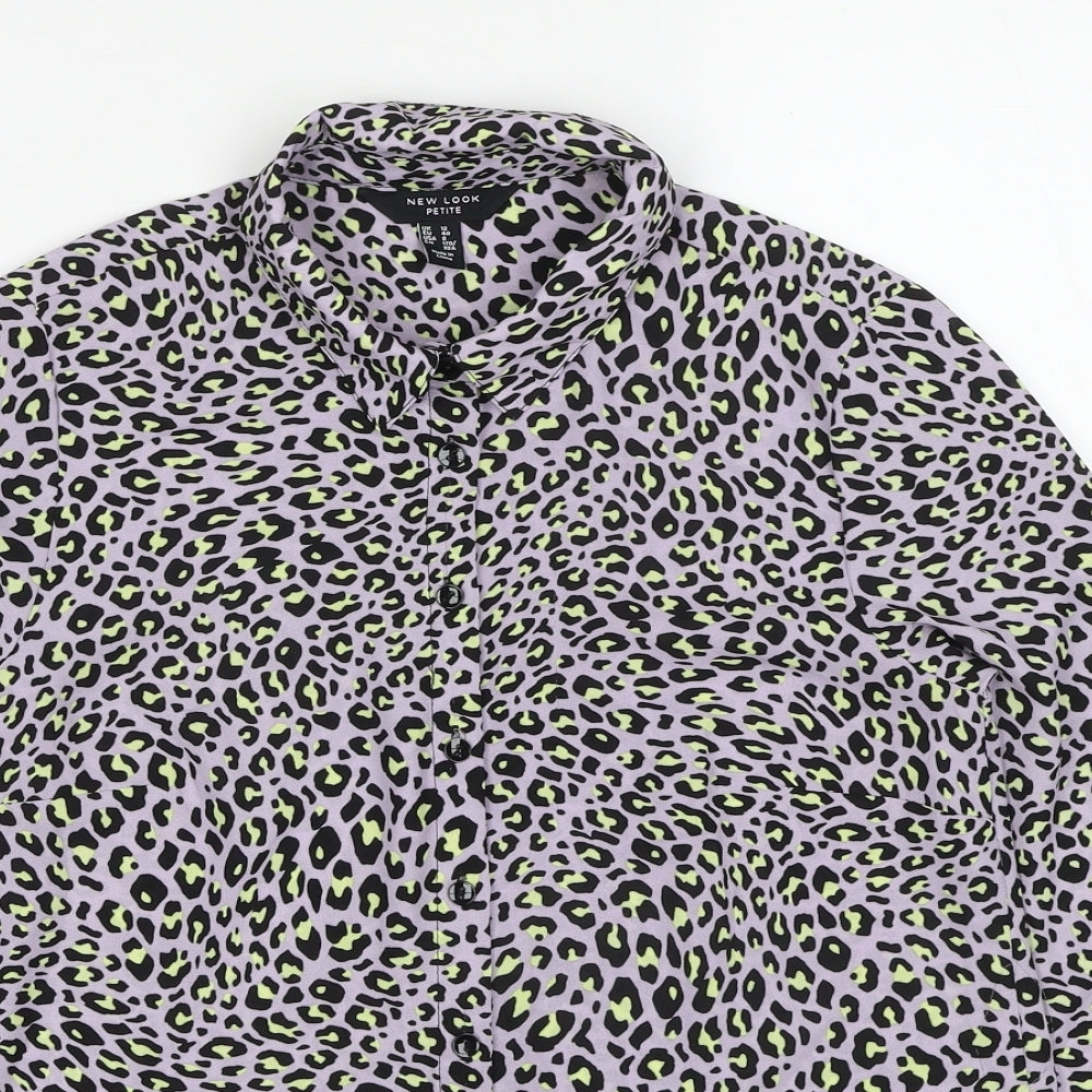 New Look Womens Purple Animal Print Polyester Basic Button-Up Size 12 Collared