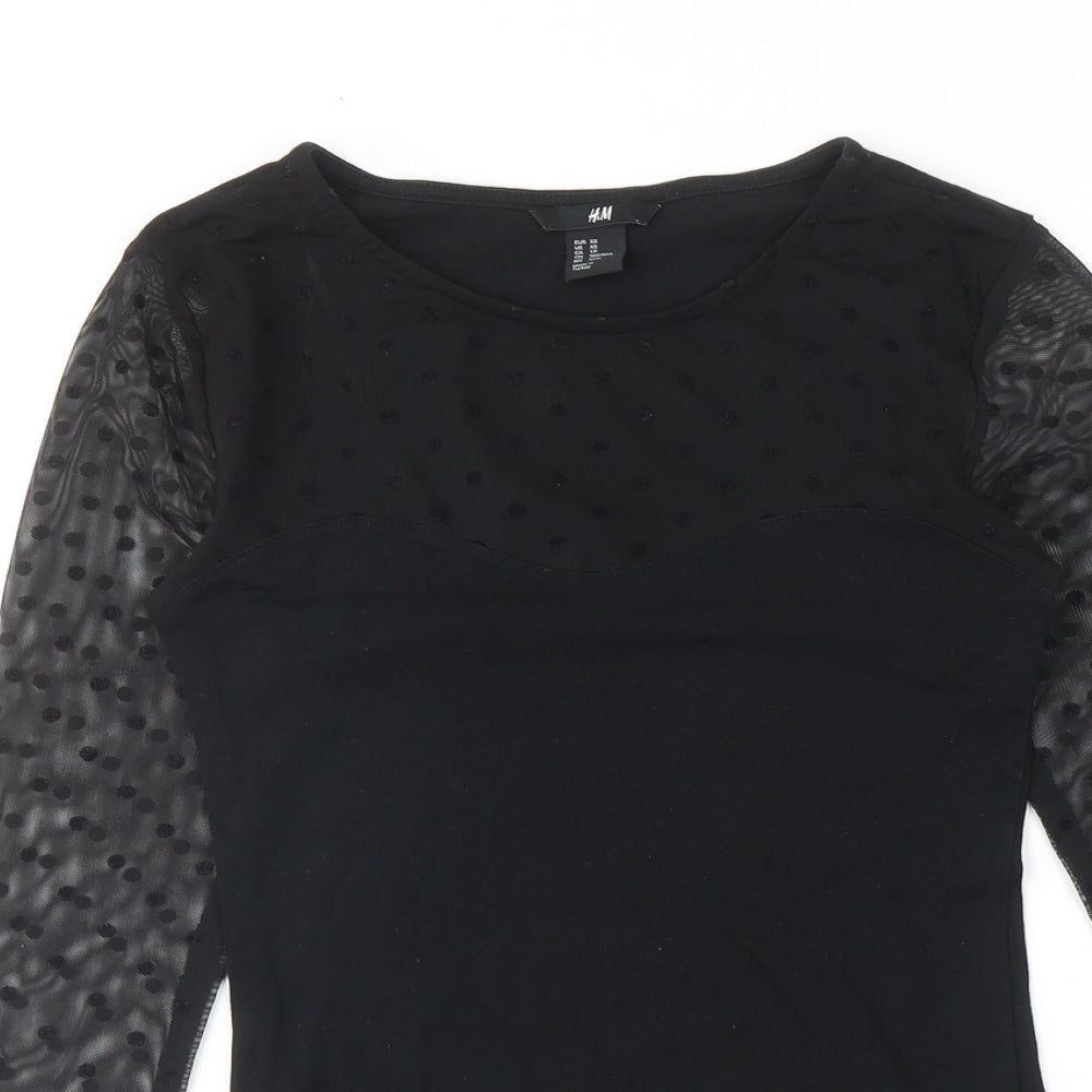 H&M Womens Black Polka Dot Cotton Basic T-Shirt Size XS Round Neck - Lace Sleeves