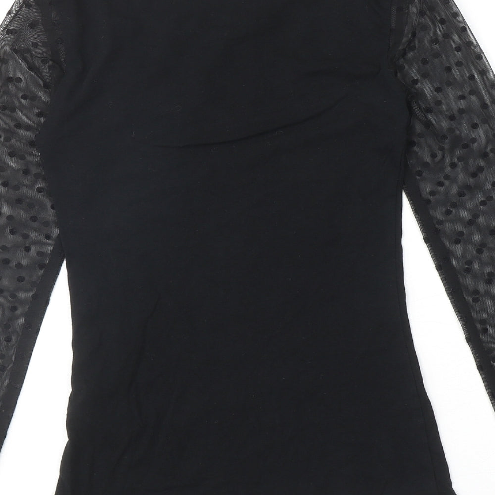 H&M Womens Black Polka Dot Cotton Basic T-Shirt Size XS Round Neck - Lace Sleeves