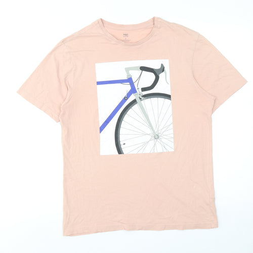 Marks and Spencer Mens Pink Cotton T-Shirt Size S Round Neck - Bike Print