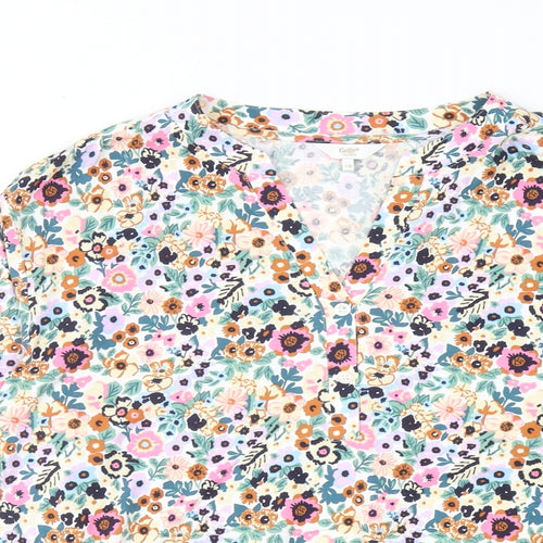 Cotton Traders Womens Multicoloured Floral Cotton Basic T-Shirt Size 14 V-Neck