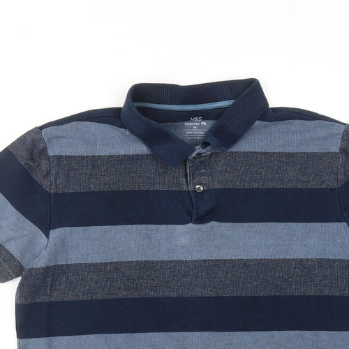 Marks and Spencer Mens Blue Striped Cotton Polo Size M Collared Button