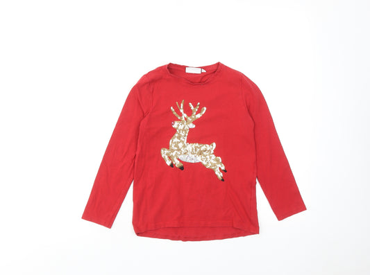 Stop + Go Girls Red Cotton Basic T-Shirt Size 6-7 Years Round Neck Pullover - Reindeer