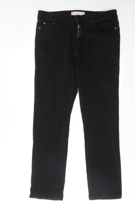 Wallis Womens Black Cotton Straight Jeans Size 12 Regular Zip