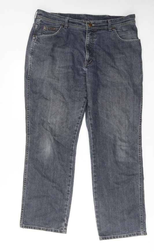 Wrangler Mens Blue Cotton Straight Jeans Size 38 in L30 in Regular Zip