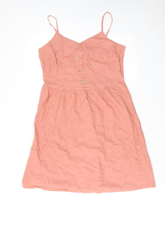 ESMARA Womens Pink Linen Slip Dress Size 14 V-Neck Button
