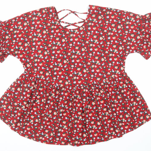 Boohoo Womens Red Floral Polyester Basic Blouse Size 12 Round Neck