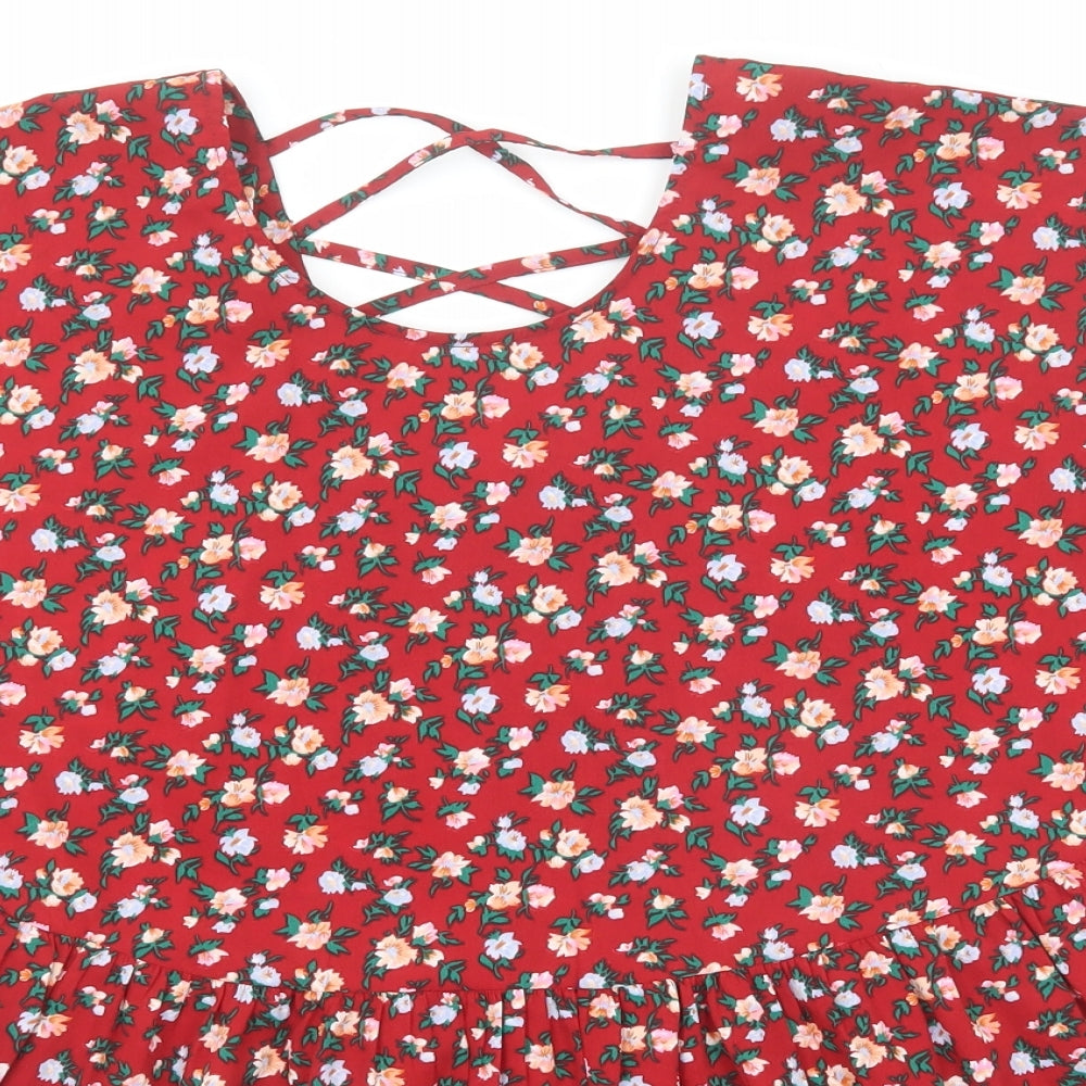 Boohoo Womens Red Floral Polyester Basic Blouse Size 12 Round Neck