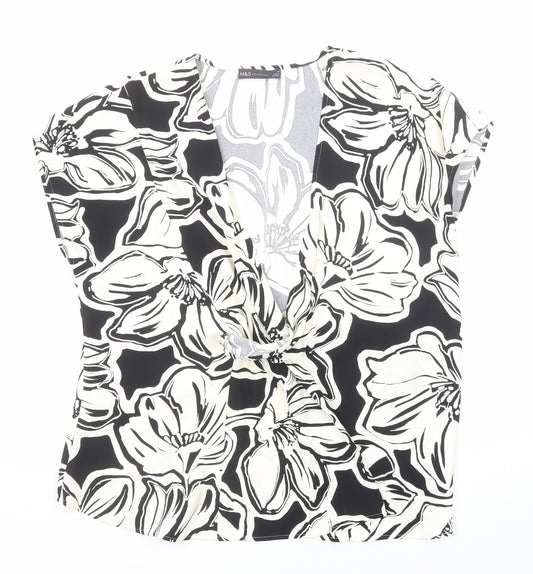 Marks and Spencer Womens Black Floral Polyester Basic Blouse Size 20 V-Neck