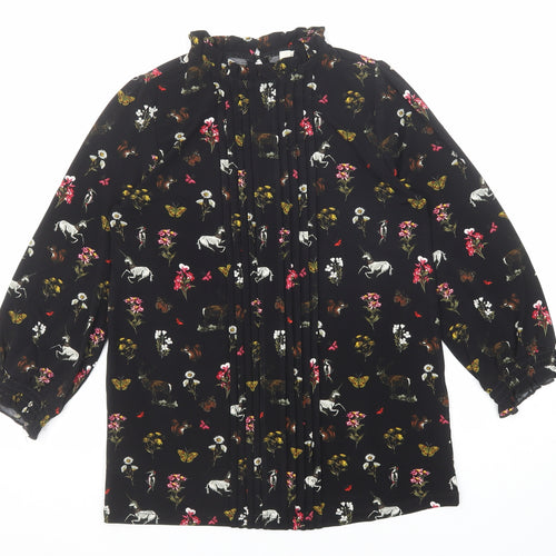 Oasis Womens Black Geometric Polyester Basic Blouse Size XS Round Neck - Flowers and Unicorn Print