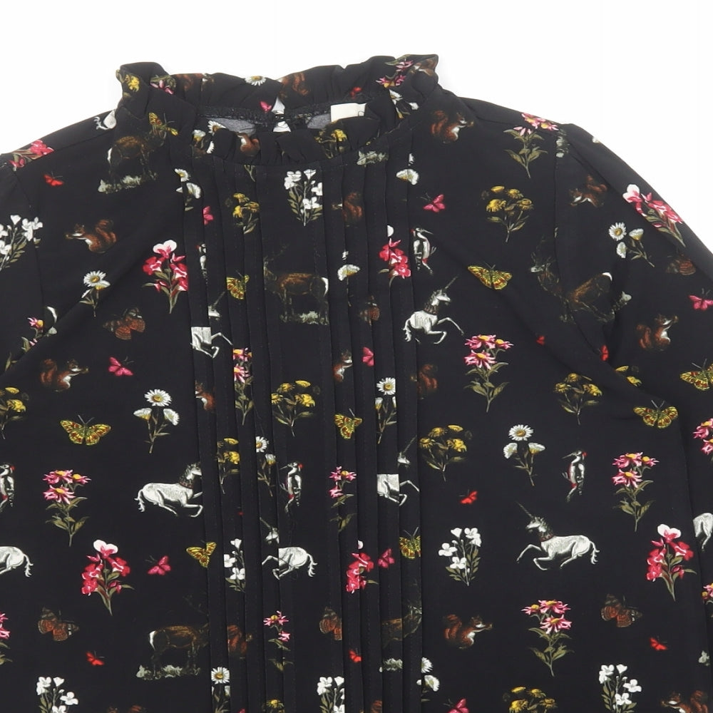 Oasis Womens Black Geometric Polyester Basic Blouse Size XS Round Neck - Flowers and Unicorn Print
