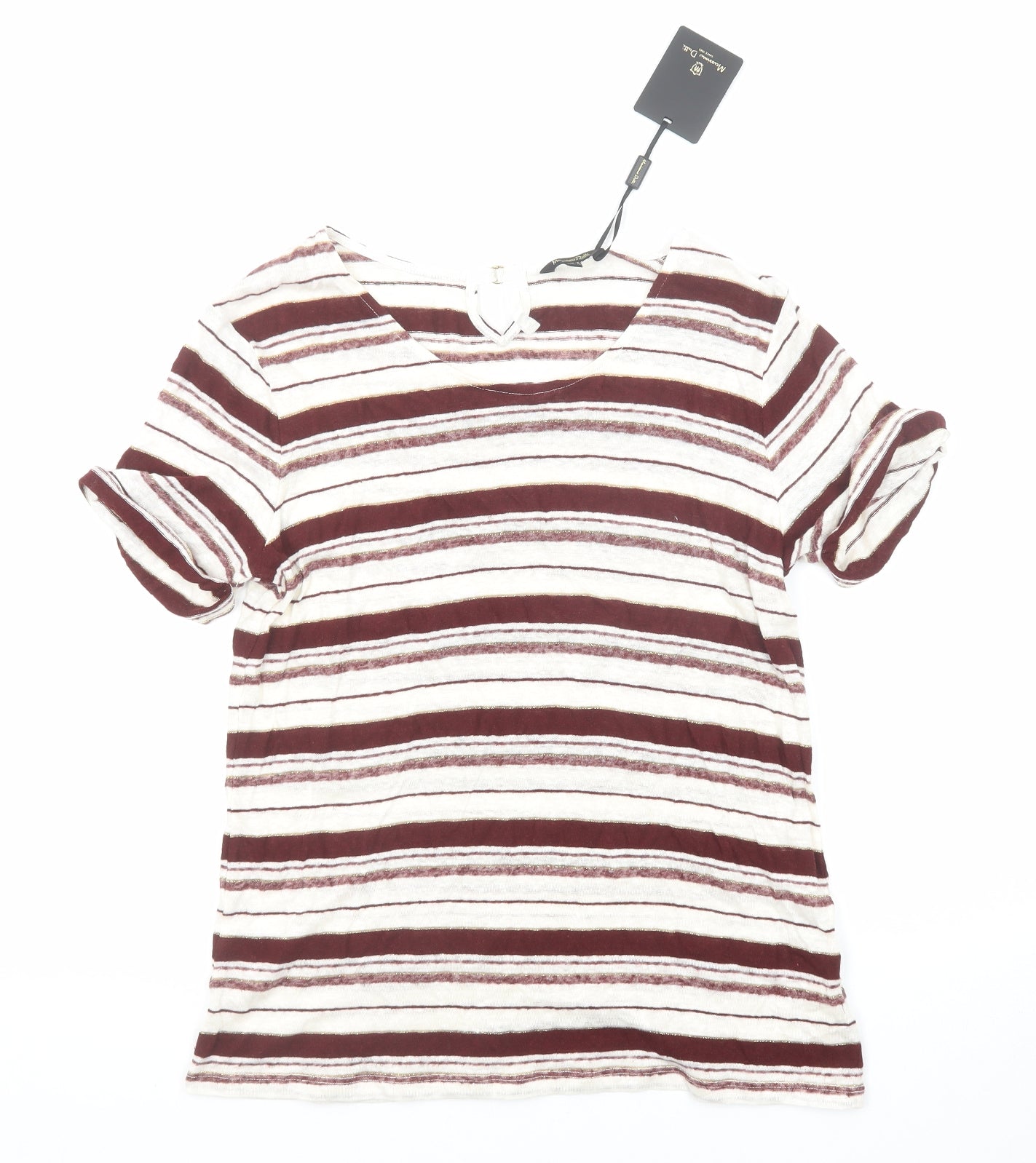 Massimo Dutti Womens Purple Striped Linen Basic T-Shirt Size M Round Neck