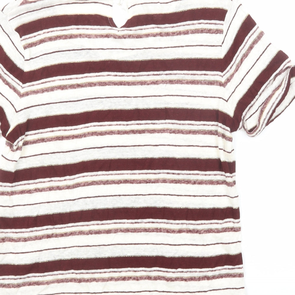 Massimo Dutti Womens Purple Striped Linen Basic T-Shirt Size M Round Neck