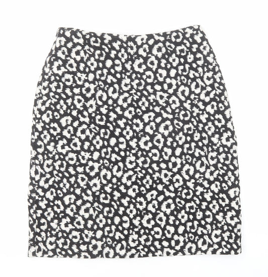 Dunnes Stores Womens Black Animal Print Cotton A-Line Skirt Size 8 Zip - Leopard Pattern