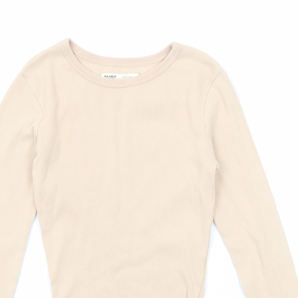 Pull&Bear Womens Beige Cotton Basic T-Shirt Size XS Round Neck