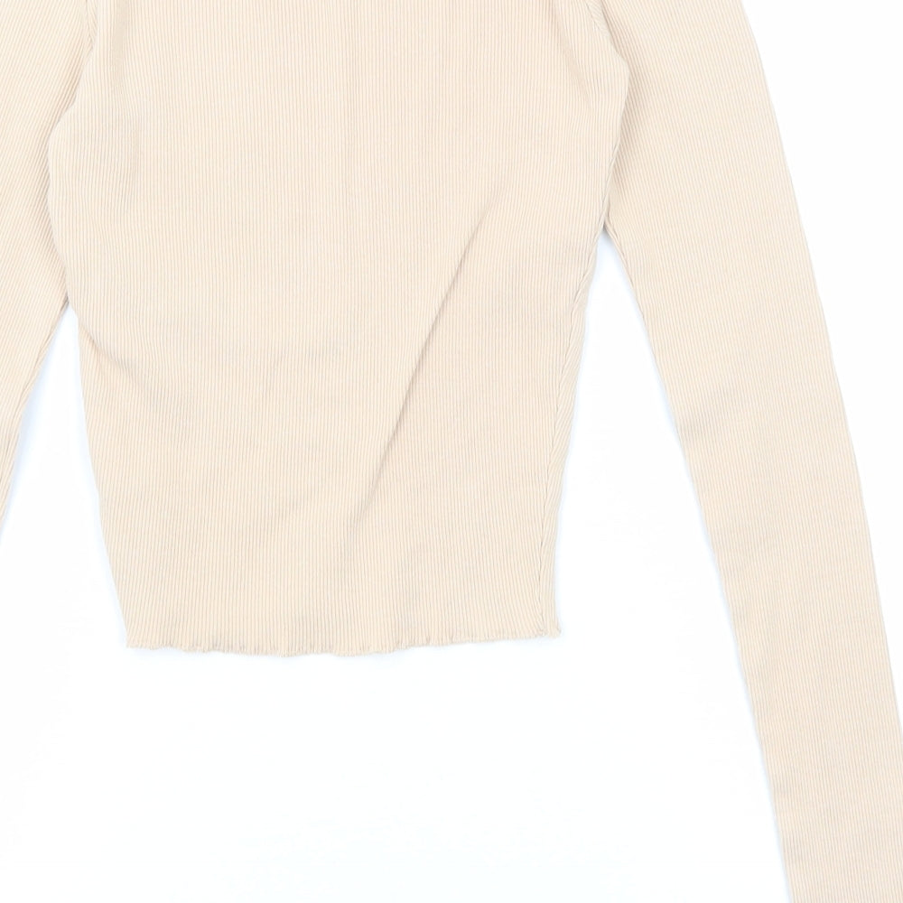 Pull&Bear Womens Beige Cotton Basic T-Shirt Size XS Round Neck