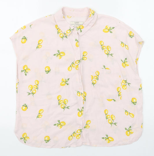 Pull&Bear Womens Pink Geometric Viscose Basic Button-Up Size M Collared - Lemon Print