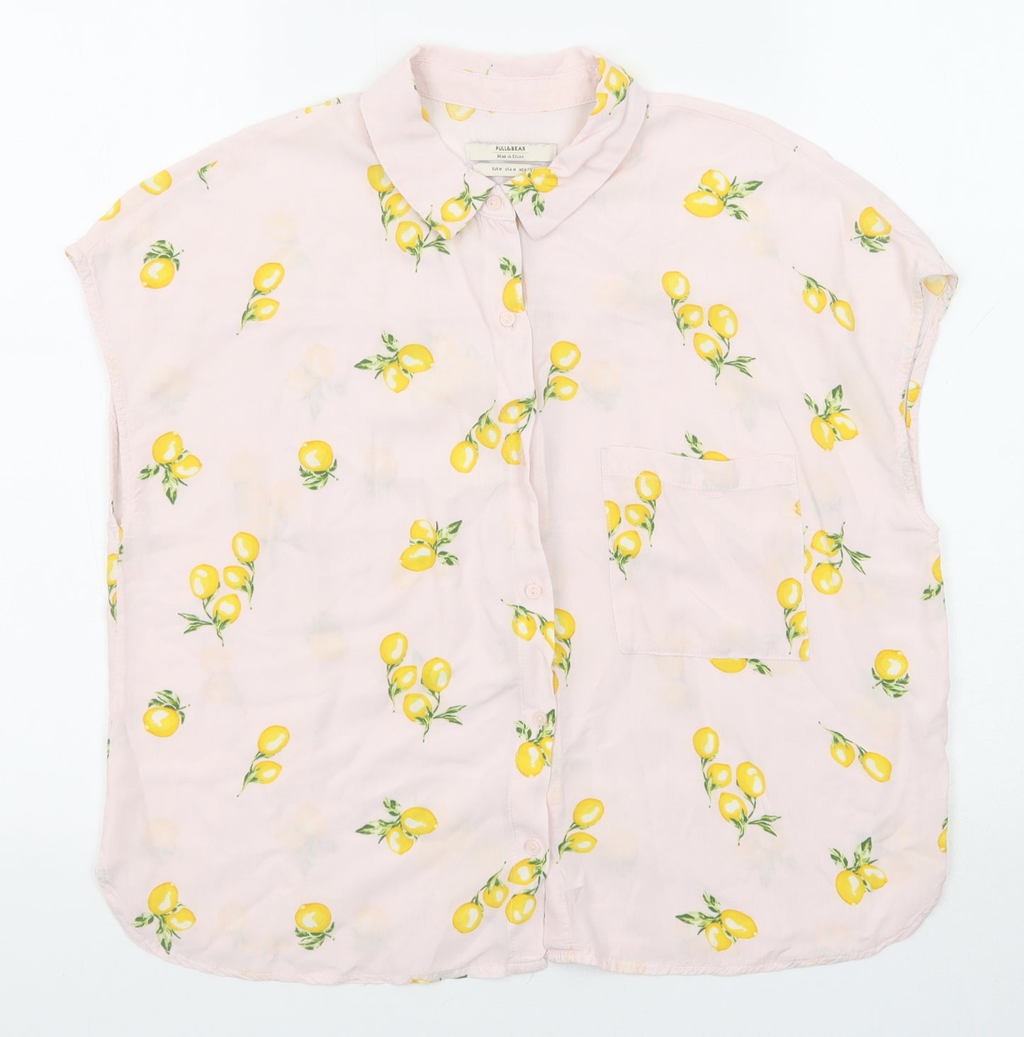 Pull&Bear Womens Pink Geometric Viscose Basic Button-Up Size M Collared - Lemon Print