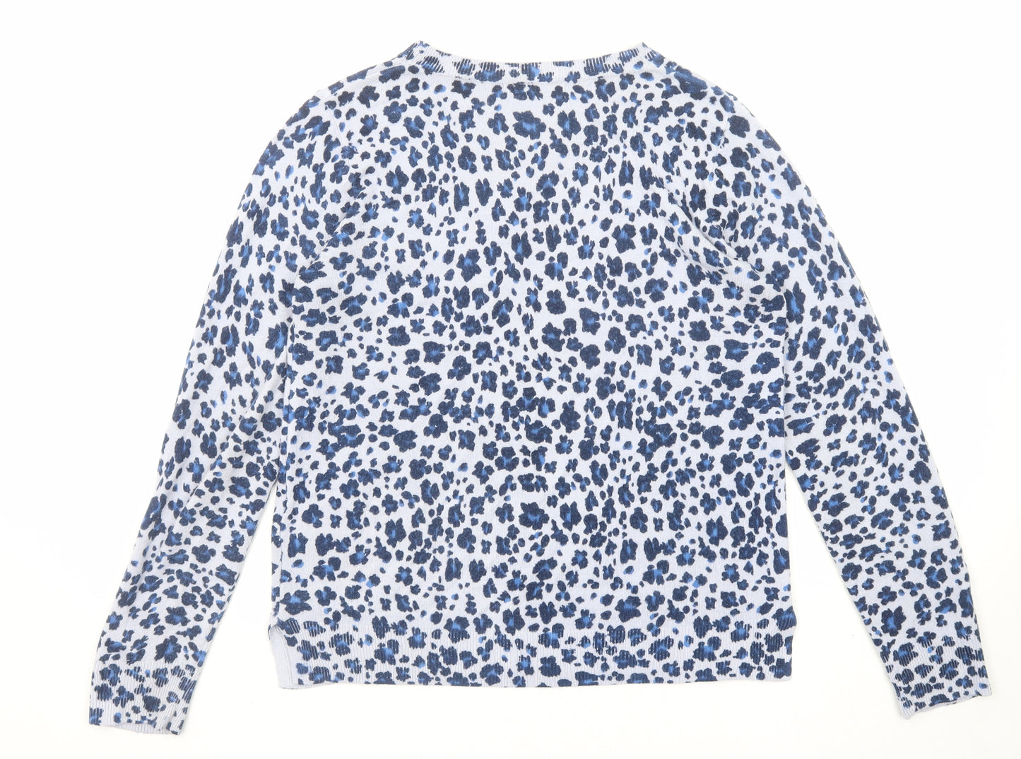 Marks and Spencer Womens Blue Round Neck Animal Print Acrylic Pullover Jumper Size 14 - Leopard Print