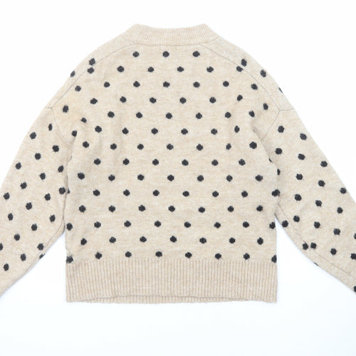 H&M Womens Beige Mock Neck Polka Dot Polyester Pullover Jumper Size XS