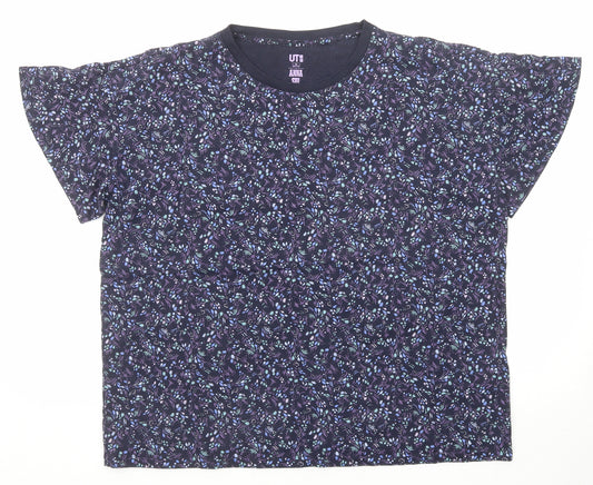 Uniqlo Womens Blue Floral Cotton Basic T-Shirt Size XL Round Neck - Anna Sui