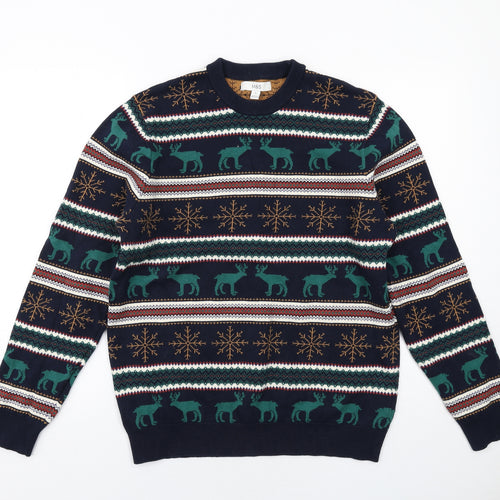Marks and Spencer Mens Multicoloured Round Neck Fair Isle Cotton Pullover Jumper Size M Long Sleeve - Christmas Reindeer