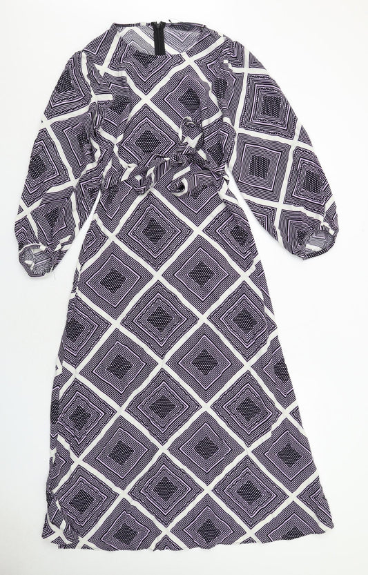 Marks and Spencer Womens Purple Geometric Viscose Maxi Size 8 Round Neck Zip