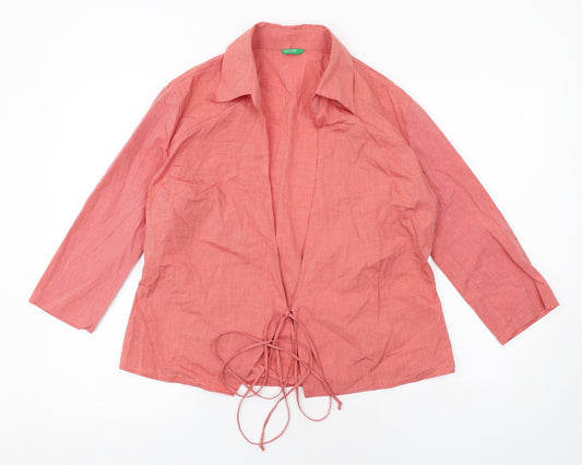 United Colors of Benetton Womens Orange Cotton Kimono Blouse Size M Collared - Tie Front