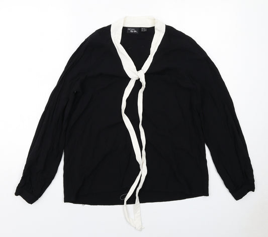ESMARA Womens Black Viscose Basic Blouse Size 12 Round Neck - Tie Neck Detail
