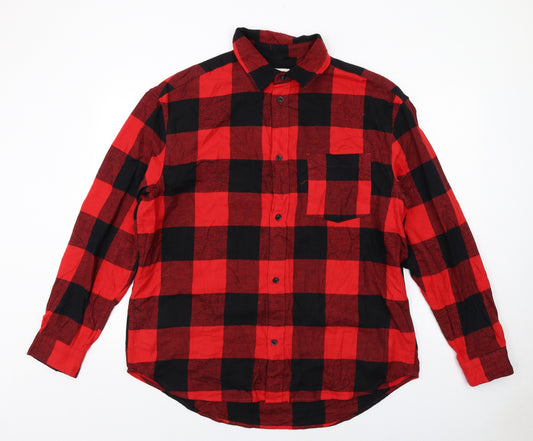 H&M Mens Red Check Cotton Button-Up Size L Collared Button
