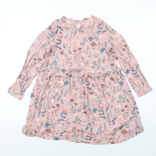 H&M Girls Pink Geometric Modal A-Line Size 8-9 Years Round Neck Button - Butterfly and Flowers