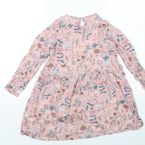H&M Girls Pink Geometric Modal A-Line Size 8-9 Years Round Neck Button - Butterfly and Flowers