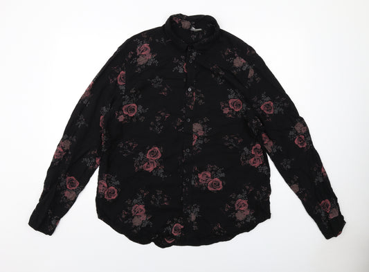 H&M Mens Black Floral Viscose Button-Up Size XL Collared Button - Rose Print