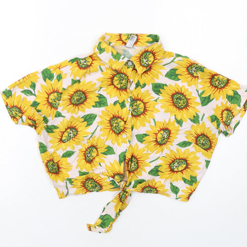 American Apparel Womens Multicoloured Floral Viscose Cropped Button-Up Size XS Collared - Sun Flower Knot Front