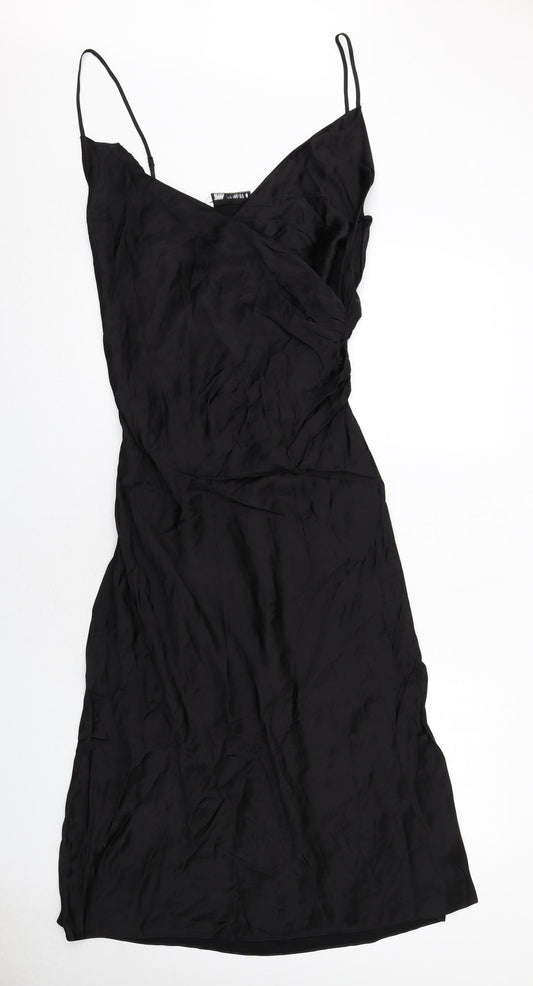 Zara Womens Black Viscose Slip Dress Size XL V-Neck Zip