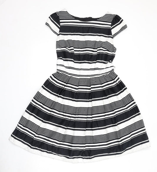 Dorothy Perkins Womens Black Striped Cotton Skater Dress Size 12 Round Neck Zip