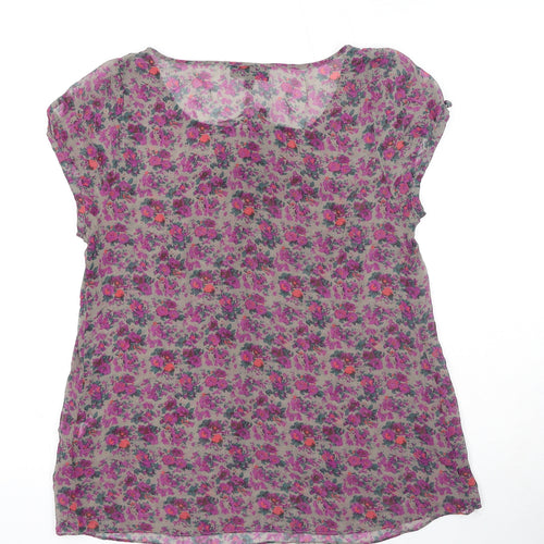 Warehouse Womens Purple Floral Silk Basic T-Shirt Size 8 Scoop Neck