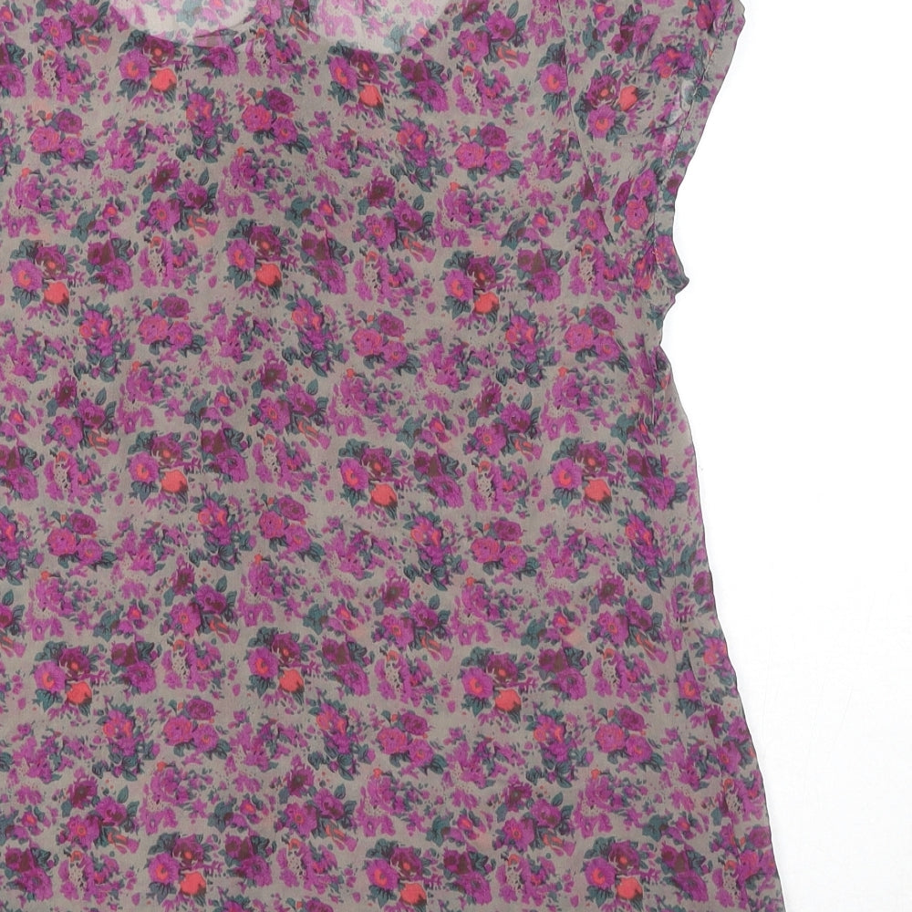 Warehouse Womens Purple Floral Silk Basic T-Shirt Size 8 Scoop Neck