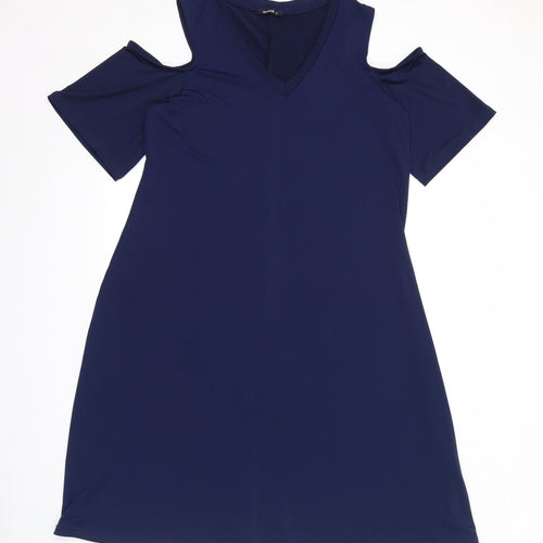 Roman Womens Blue Polyester T-Shirt Dress Size 12 V-Neck Pullover - Cold Shoulder